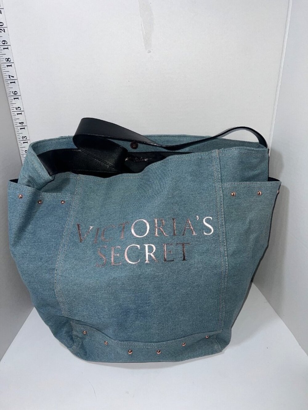 Victorias Secret Large Tote Bag weekender Magnet Closure blue denim look